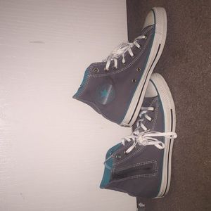 Dark gray and teal zip up high top converse